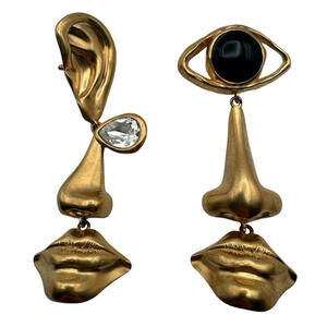 Schiaparelli Signed Anatomy Dangle Earrings Gold Plated Brass